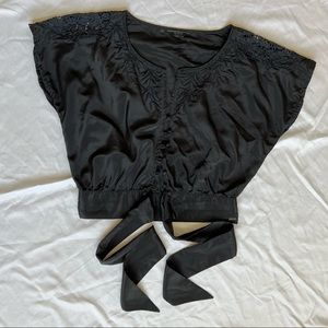 Vintage Style Guess button up silk Blouse with intricate details and front tie